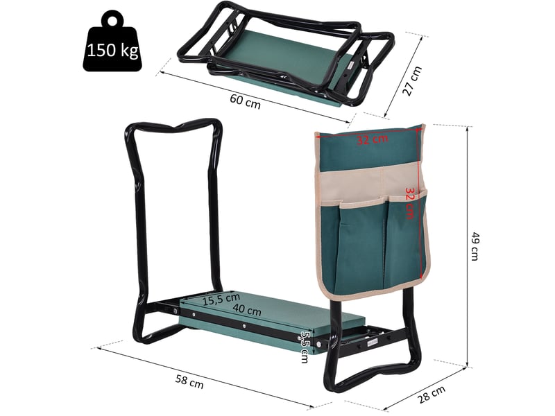  Tabouret de jardin pliable agenouilloir de jardin siège jardinage avec coussin pochette rangement outils vert  - Conforama C