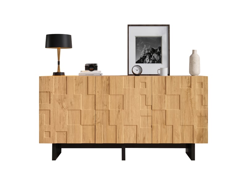  Buffet salon, armoire de rangement avec 3 portes, buffet cuisine avec 5 compartiments, 140x40x70cm , façades 3d, bois naturel  - Conforama A