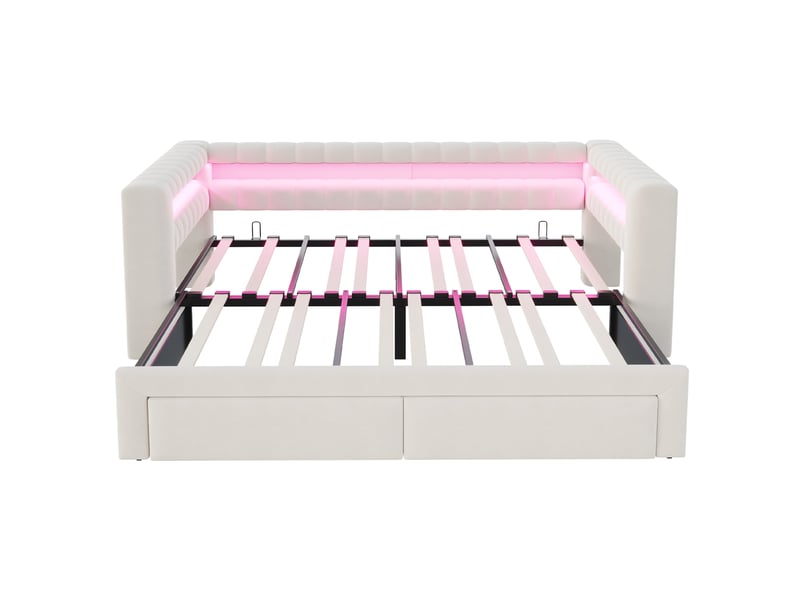 Lit canapé extensible velours beige 90/180x190 cm avec tiroirs, led, usb et type-c  - Conforama A