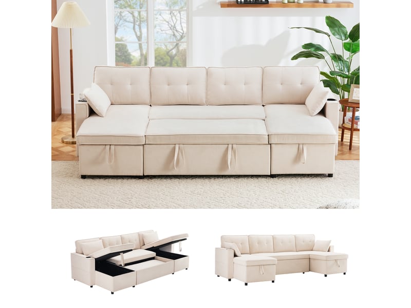 Canapé panoramique convertible 4 places avec coffres, porte-gobelets et poches latérales, tissu beige, 270 × 130 cm - Conforama B