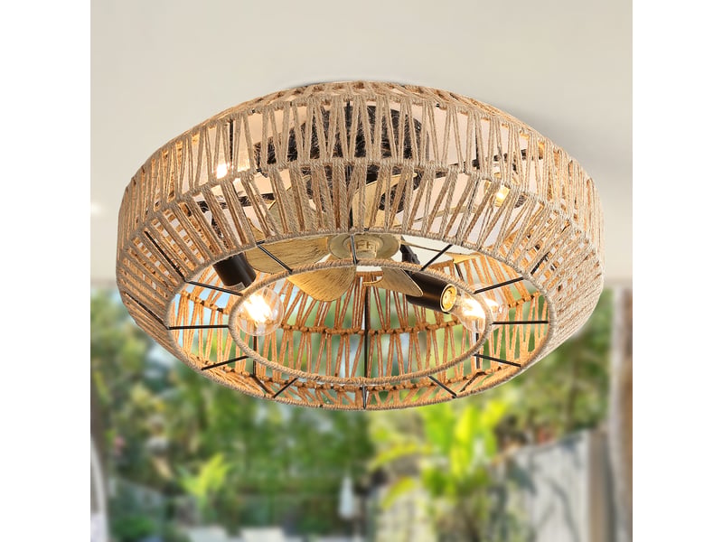  Ventilateur de plafond 56cm style boho avec cage rotin fermé, 6 vitesses moteur dc réversible télécommande, design décoratif pour salon chambre, rotin evarich - Conforama D