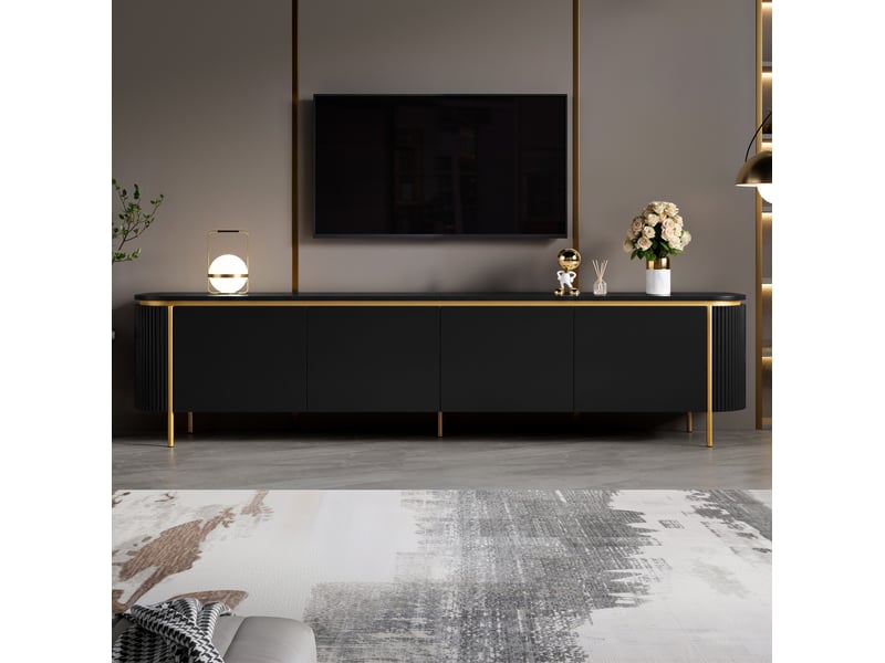  Meuble tv 6 portes avec passe-câbles, extrémités arrondies, pieds en fer, rangement fermé pour salon noir 180 × 38 × 46 cm  - Conforama D