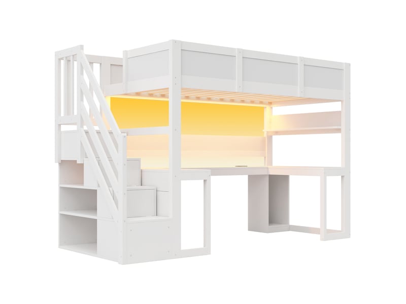  Lit mezzanine 90x200 cm avec bureau, rangements, led et usb blanc, sans matelas  - Conforama D