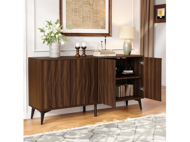  Buffet bas 140x35x70 cm noyer avec 4 portes et étagères réglables  - Conforama D