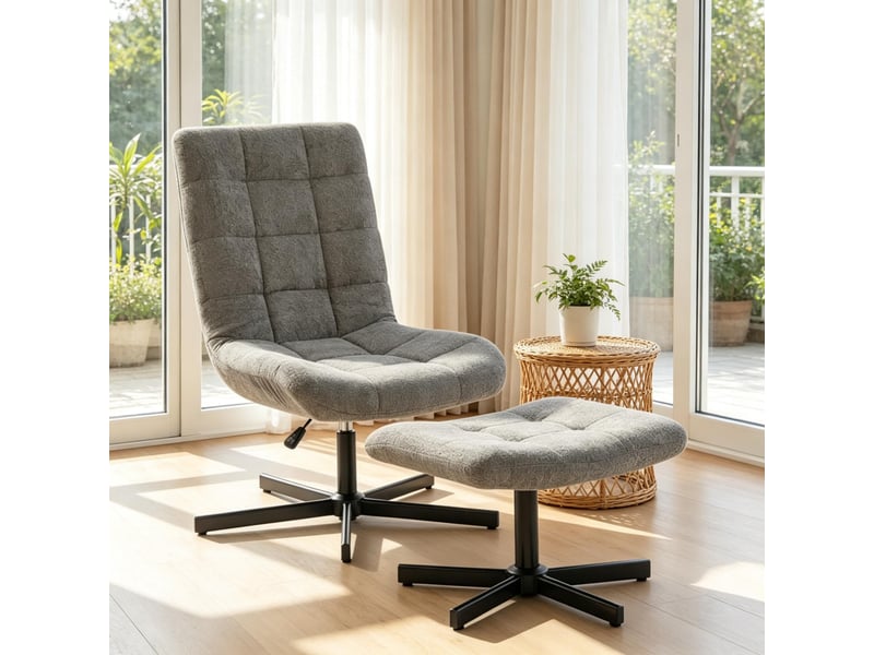  Fauteuil relax gris avec repose-pieds, pivotant à 360 degrés, dossier inclinable et hauteur réglable pour salon  - Conforama D