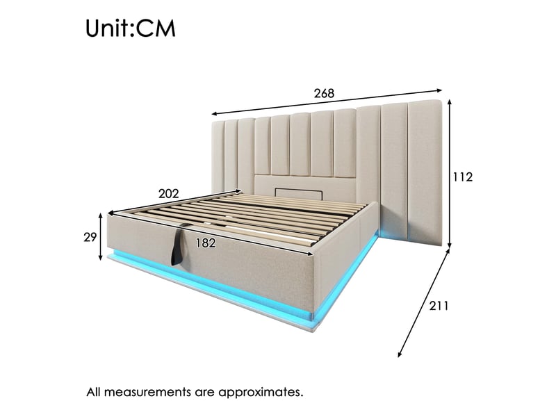  Lit coffre 180x200 cm, rangement hydraulique, 2 tables de chevet, éclairage led, usb et usb-c, sommier à lattes pour chambre - beige  - Conforama C