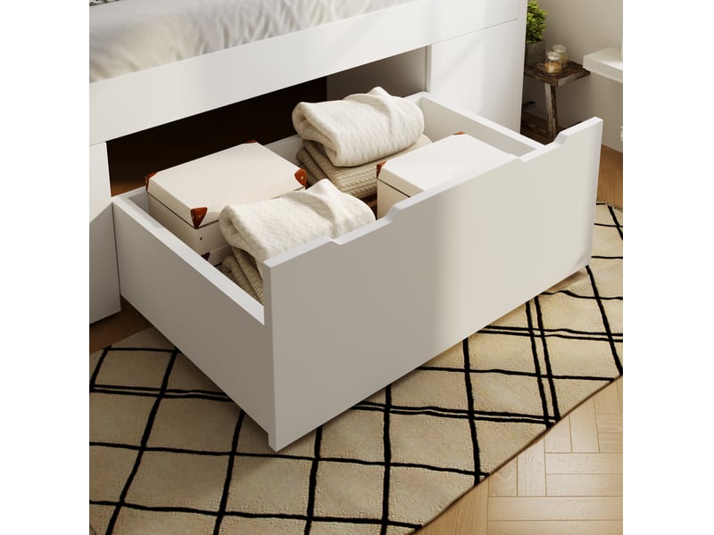  Lit double 140x190 cm blanc en bois avec rangement, led, ports usb et deux tables de nuit mobiles pratiques  - Conforama E