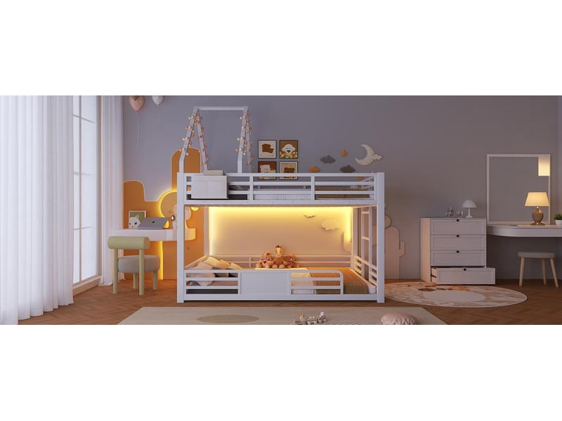  Lit superposé 140x200 cm blanc métal et bois design maison avec éclairage led rangement en tissu et barrière de sécurité Sol Morn - Conforama B