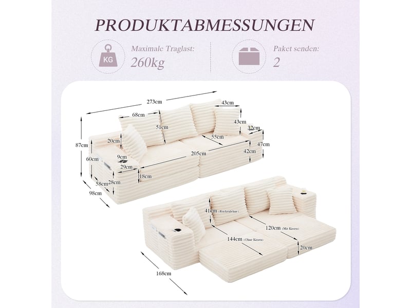  Canapé convertible 4 places en velours côtelé beige, 273 x 98 x 87 cm, porte-gobelets, poches latérales, livré compressé, agencement modulable CARDUME ESTIVAL - Conforama C