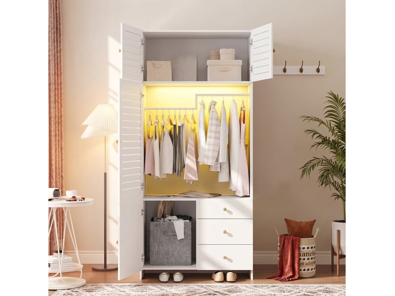  Armoire à portes battantes 90x50x200 cm avec éclairage led, panneau de particules blanc chambre et dressing, rangement  - Conforama B
