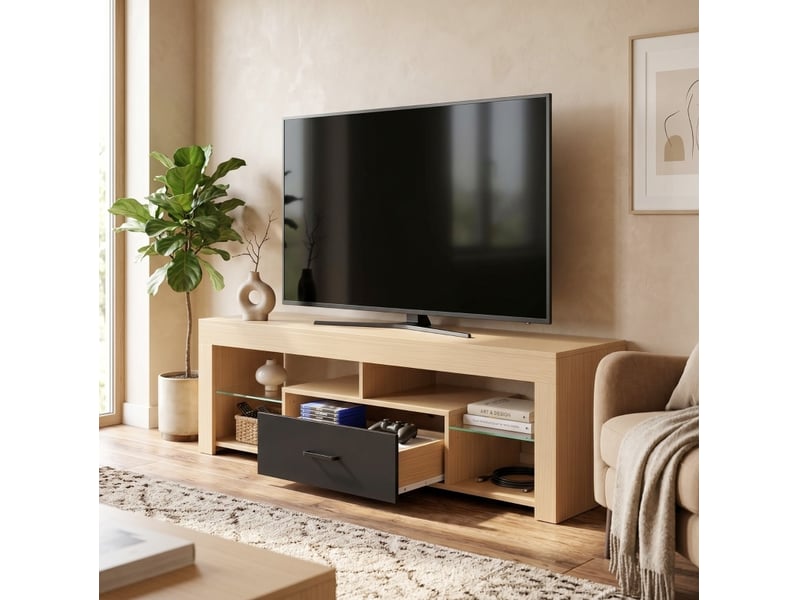  Meuble tv 140 x 40 cm pour téléviseur jusqu'à 65 pouces, chêne et noir, étagères réglables  - Conforama D