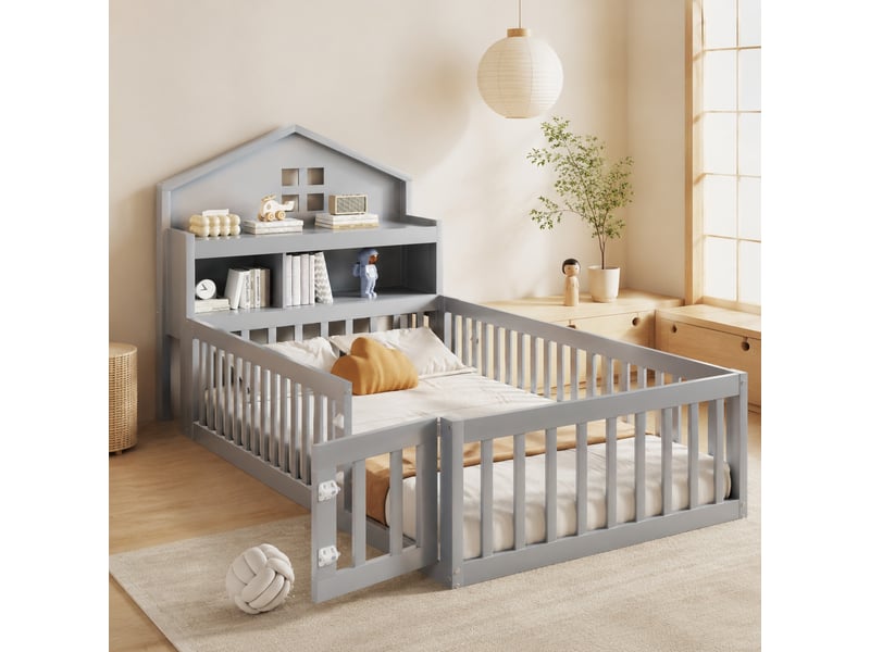 Lit enfant cabane 90x200 cm avec rangements, barrière et porte gris - Conforama B