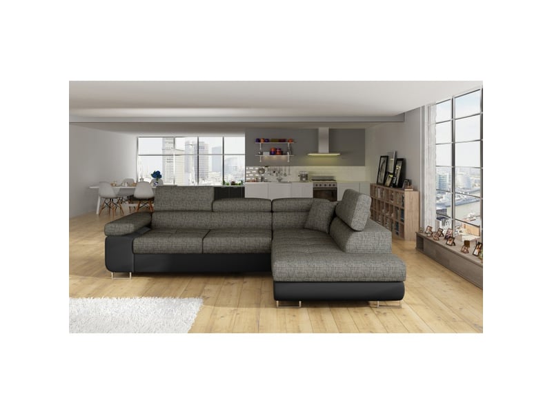 Canapé d'angle convertible menton gris bouclé – 4 places avec coffre et têtières - Conforama B