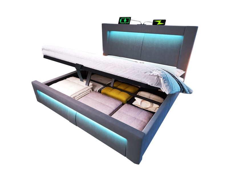  Lit coffre 160x200 cm en velours gris avec led, usb-c et matelas, tête de lit courbée  - Conforama A