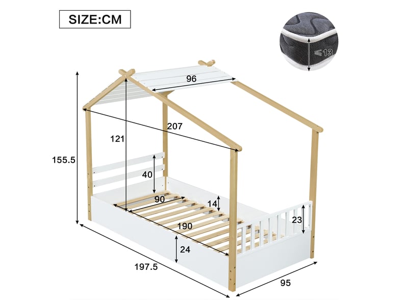  Modenvie lit cabane enfant 90x190 cm - design maison en bois, sans matelas - blanc et naturel  - Conforama C