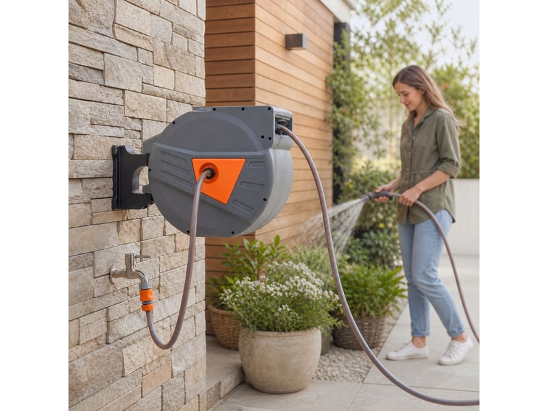  Dévidoir mural enrouleur automatique pivotant 180° tuyau 40 + 2 m avec lance arrosage 2 modes support mural intégré orange gris  - Conforama D