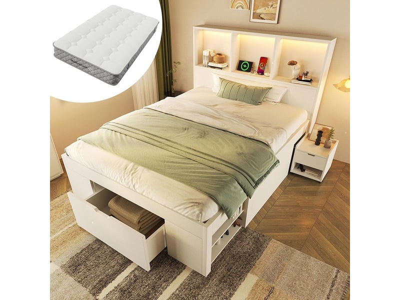 Lit avec rangement 90x200 cm blanc table chevet mobile 1 pièce lit simple bois éclairage led recharge usb-c adolescent tiroirs étagères avec matelas  - Conforama B