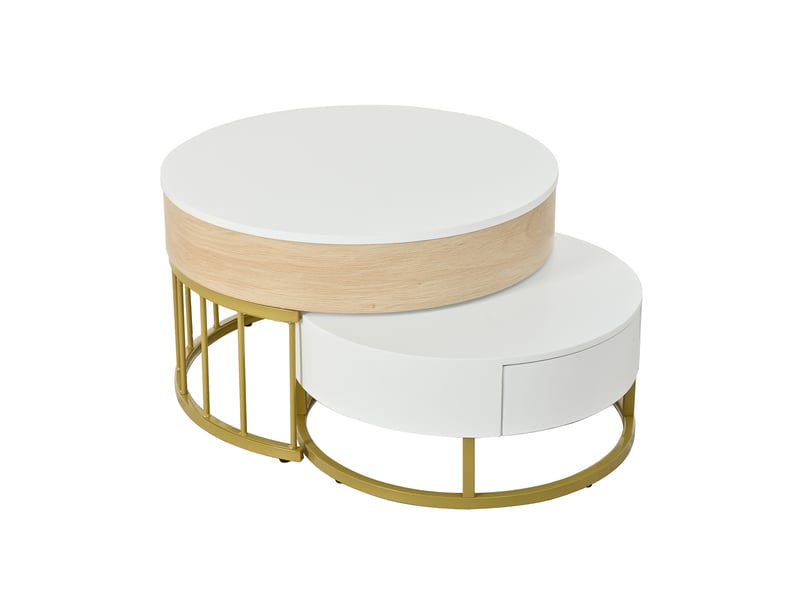  Combinaison de deux tables basses rondes (une grande et une petite), plateau réglable en hauteur, tiroir, structure en métal doré, aspect bois et blanc, corps en mdf, table de salon multifonctionnelle  - Conforama E