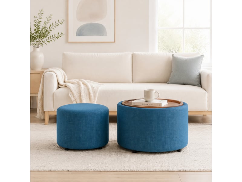  Pouf rond 2 places avec rangement, plateau amovible et assise rembourrée, empilable, en tissu bleu  - Conforama C