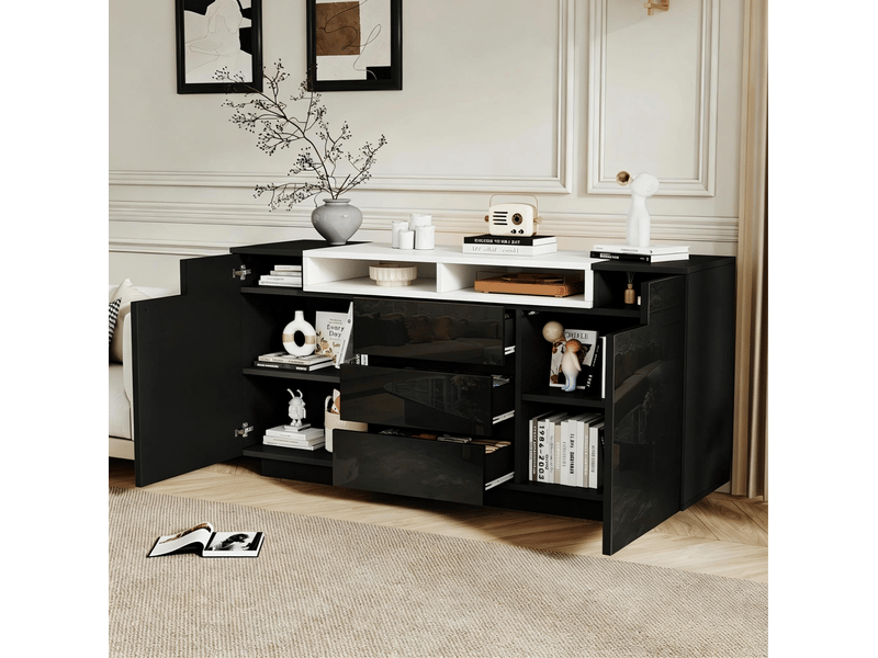  Buffet et enfilade avec 2 portes, 3 tiroirs et éclairage led pour salon, en panneaux de particules noir, 140 × 40 × 68 cm  - Conforama A