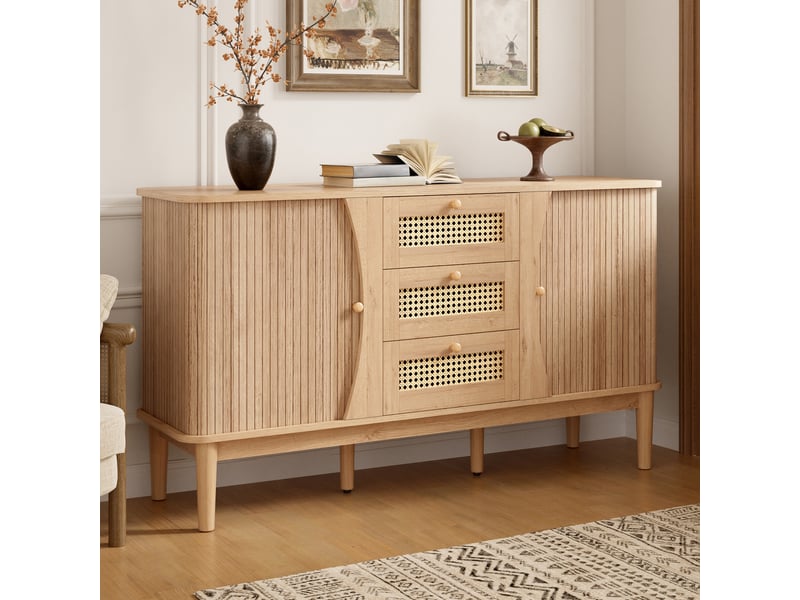  Buffet bas 3 tiroirs et portes coulissantes 141x40x77 cm mdf naturel  - Conforama W