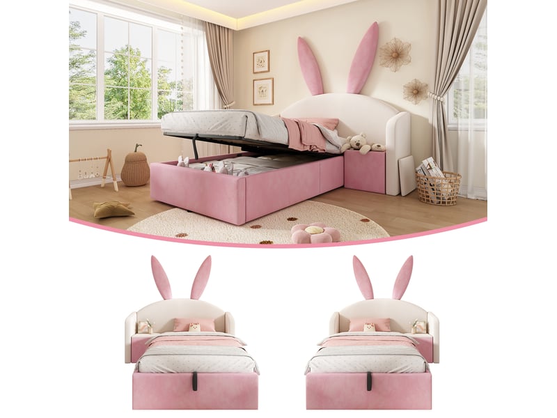  Lit enfant coffre 90 x 200 cm avec chevet réversible, oreilles de lapin, beige rose  - Conforama D