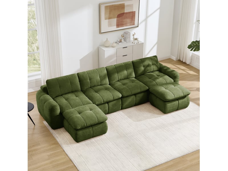  Canapé panoramique en u 4 places modulable avec 2 poufs, sans cadre en chenille verte, 334 × 160 × 68 cm  - Conforama D
