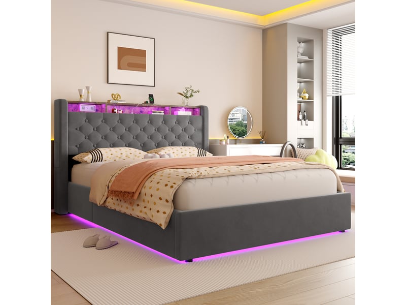  Lit rembourré gris 140 x 190 cm avec rangement hydraulique, étagère et ports usb-ausb-c  - Conforama B