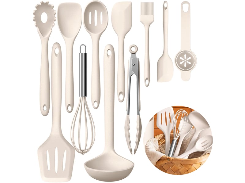  Set de 12 ustensiles de cuisine en silicone kaki avec support chicfurn  - Conforama W