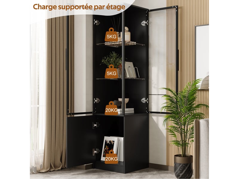 Vitrine haute 40x40x160 cm, éclairage led, commande par application, portes vitrées, grand rangement pour salon et séjour - noir  - Conforama E