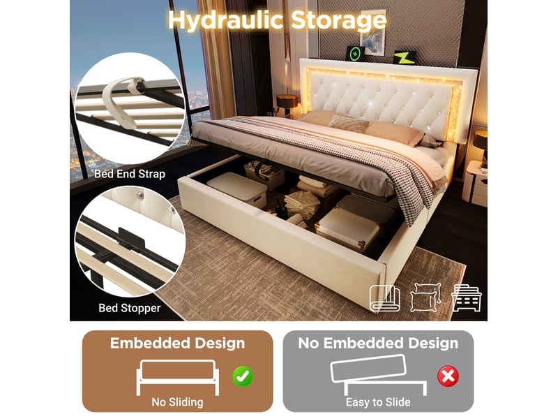  Lit coffre 140 × 200 cm 2 places avec led réglable, usb et type-c, rangement hydraulique, matelas inclus, velours beige  - Conforama E