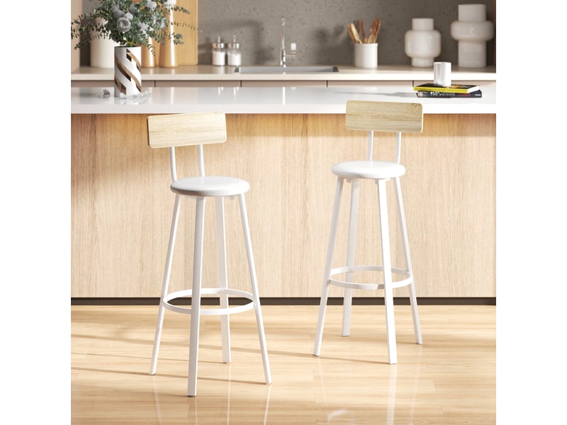  Ensemble de 2 tabourets de cuisine hauts avec dossier et repose-pieds, revêtement en polyuréthane, hauteur d'assise 75,5 cm, coloris naturel et blanc  - Conforama C