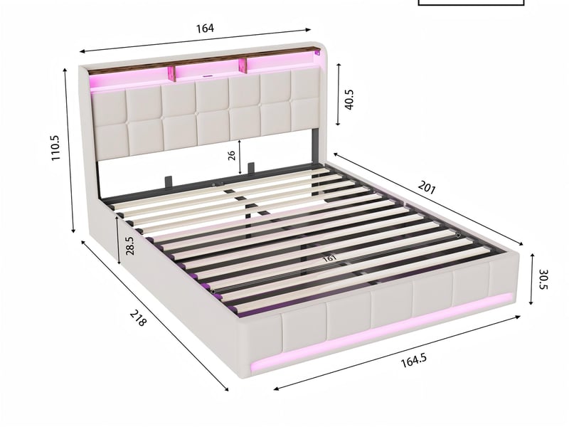Lit coffre 140x200 cm led rgb sous-lit, lit capitonné avec usb, sommier à lattes - Conforama C