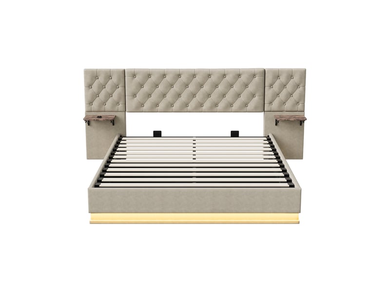  Lit coffre 2 places européen 160x200 cm, lit adulte, rangement, 2 chevets, led, recharge sans fil, port usb, lin beige  - Conforama R