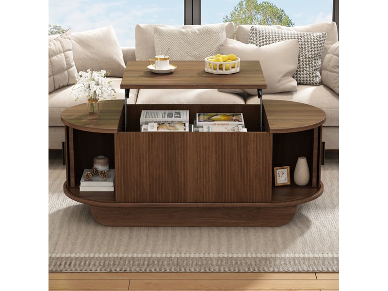 Table basse ovale relevable avec rangement et portes à rideau en mdf, finition noyer - Conforama D