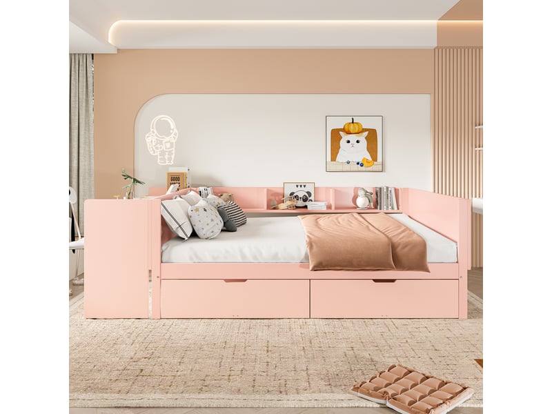  Lit double 140x200 en bois de pin avec bureau intégré et 2 tiroirs - rose  - Conforama B