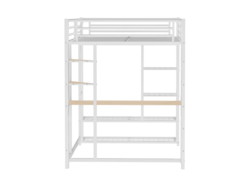  Lit mezzanine double 200×140 cm avec bureau, penderie et étagères, sans matelas, en métal blanc  - Conforama E