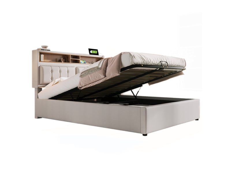 Lit coffre rembourré avec matelas 7 zones, prises usb et type-c, beige 140x200 - Conforama A