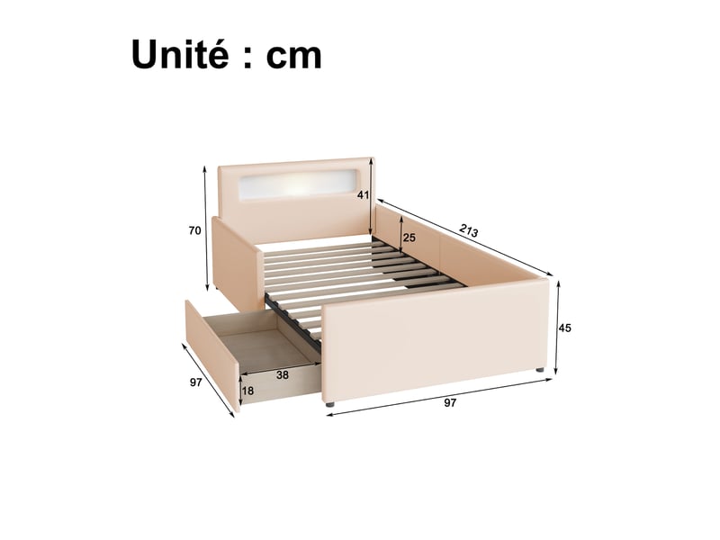 Lit enfant avec tiroirs, lit simple 90x200 cm en similicuir beige avec usb, veilleuse led et côtés rehaussés - Conforama D