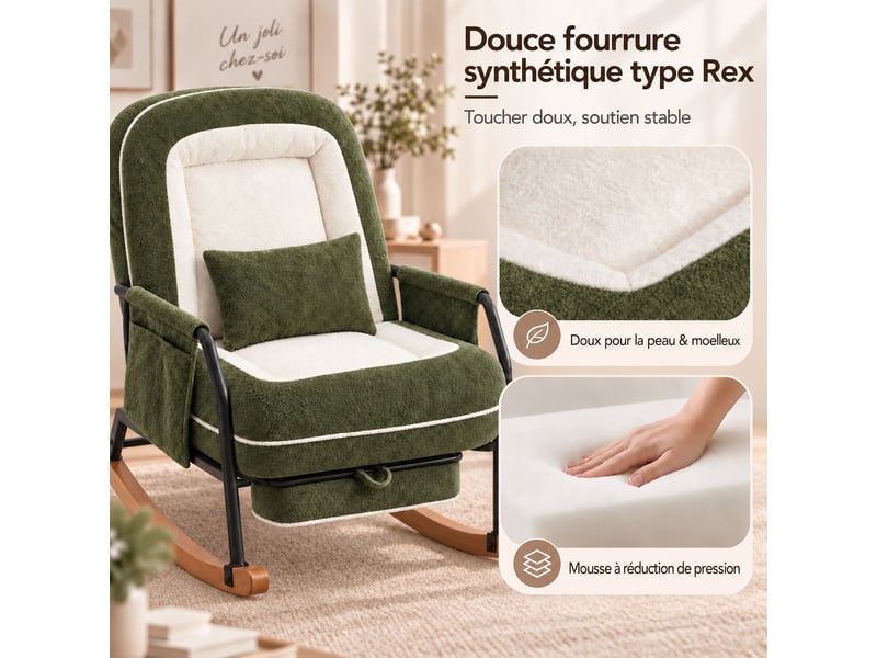  Fauteuil à bascule moderne avec dossier inclinable 100°-160°, repose-pieds escamotable, coussin en fausse fourrure de lapin,vert  - Conforama B