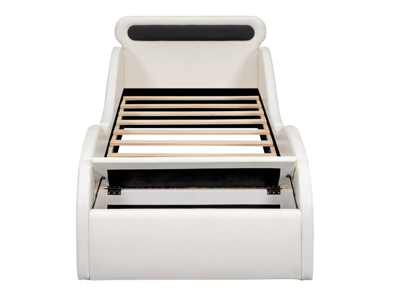  Lit enfant voiture 90 x 200 cm en pu et mdf, blanc, avec rangement et roues lumineuses  - Conforama A