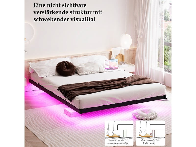  Cadre de lit 140x190 noir en métal - lit flottant avec led et station de charge usb  - Conforama D