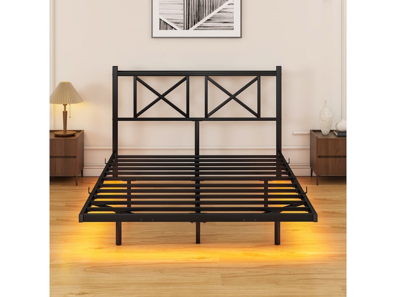  Lit coffre cadre de lit double 120 x 200 cm, led, recharge, tête intégrée, sommier suspendu, métal, montage facile, sans matelas  - Conforama D