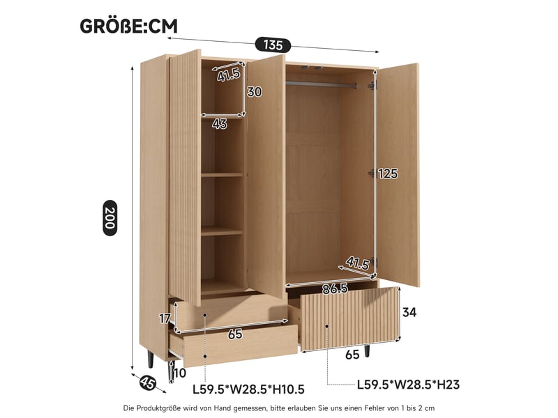  Armoire 200 x 135 x 45 cm avec miroir, 3 portes, 1 penderie, 4 compartiments et 3 tiroirs, grand meuble de rangement moderne pour chambre - finition effet chêne OPULERANE TRADING LTD - Conforama C