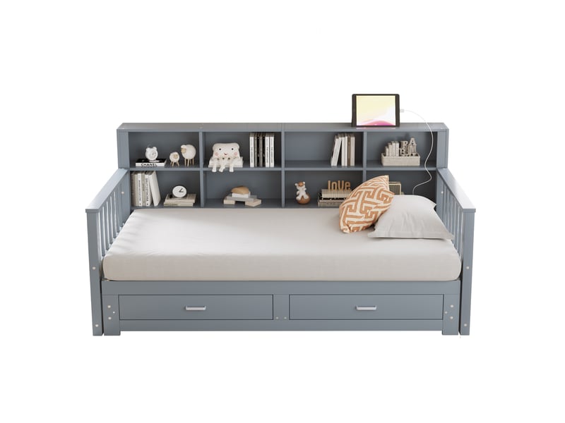 Lit banquette extensible 90x190 cm – gris – 2 tiroirs, rangements dosseret et prise intégrée - sans matelas - Conforama A