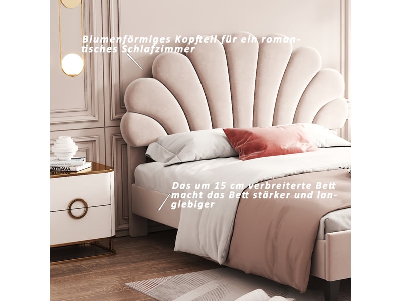  Lit double rembourré 2 places 140x200 cm avec tête de lit fleur capitonnée, sommier à lattes, cadre robuste, velours beige, adulte et adolescent  - Conforama E