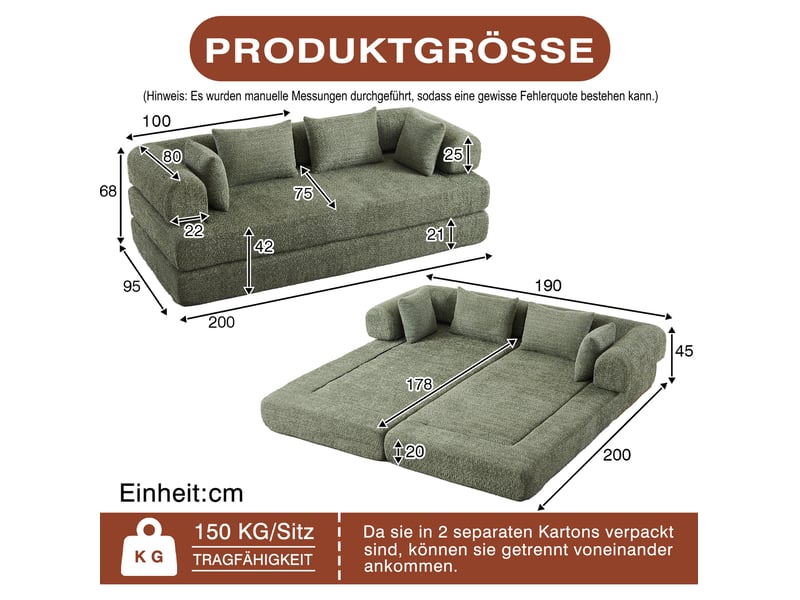 Canapé convertible modulable 2 places 200 x 95 cm vert en chenille, 4 configurations avec 4 coussins - Conforama C