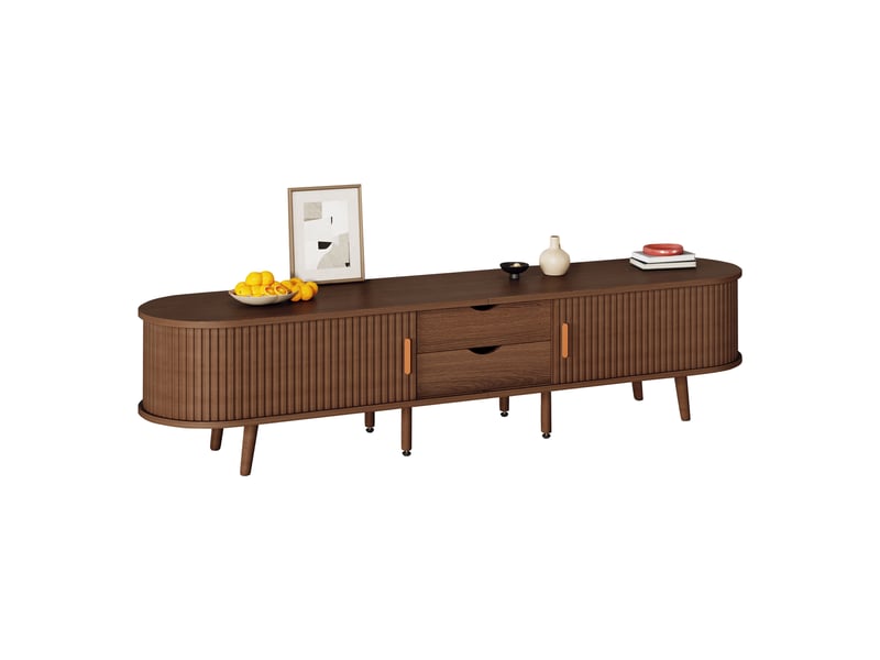  Meuble tv noyer 170 cm ovale avec portes coulissantes, meuble tv pour 75 pouces, 2 tiroirs, pieds en bois massif  - Conforama E