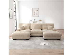 Canapé panoramique, avec couchage d'appoint, avec pouf, en tissu chenille, coloris café clair, l313 x p145 x h81 cm, pour salon