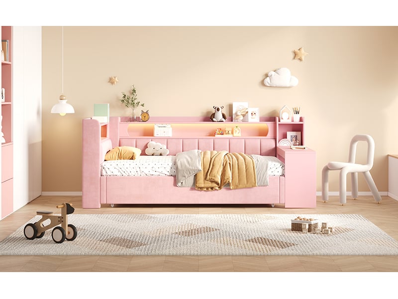  Lit banquette 1 place 90×200 cm extensible 180×200 cm - okmyhome- usb, led réglable et bureau, sans matelas rose  - Conforama E